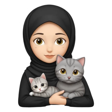 Skinny Middle Eastern hijabi girl (black hijab) with arched brows holding a grey tabby British shorthair, mum and kitten cat sticker