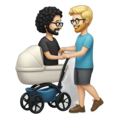 White man with Black hair,  beard and glasses pushing buggy with blonde baby sticker