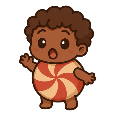 brown male peppermint chibi character with curly hair, surprised expression, cute and playful style sticker