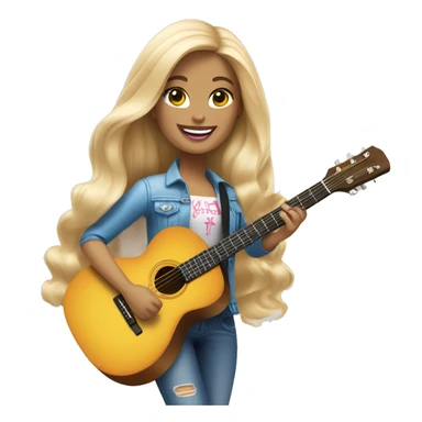 An emoji of a blonde, long-haired Barbie playing a guitar, wearing stylish clothing and smiling confidently sticker