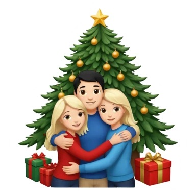 Generate Christmas-style emojis  family. Where light-skinned people stand near the tree all together, hugging and smiling. 2 girl should be Light-haired woman, 1 woman black-haired woman, and add 1 man  sticker
