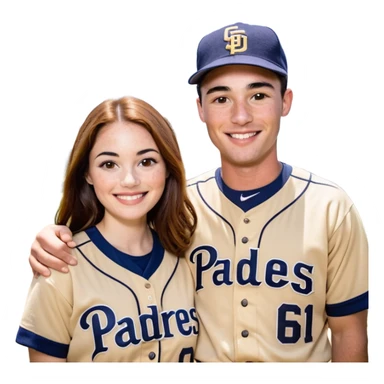 *White* Smiling couple. Woman has big cheeks and a lot of freckles on the nose. long brown hair. Man has black and very short hair and prominent eyebrows with egipcian nose. Both are wearing “Los Padres” baseball jerseys and with a sign that says “Go Padres!” sticker