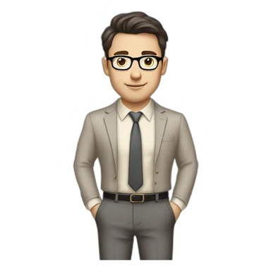 Full height Pale skinned Fit Man With dark brown hair in classic gray suit, beige office shirt, dark gray tie, and vintage glasses. His hands lock sticker