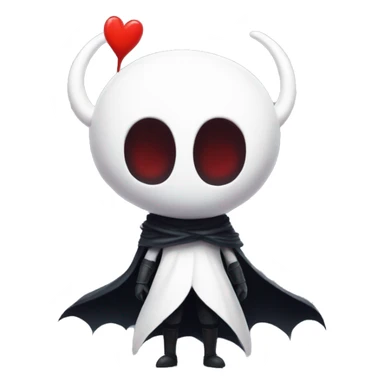 Hollow knight main character with big head and with big red heart sticker