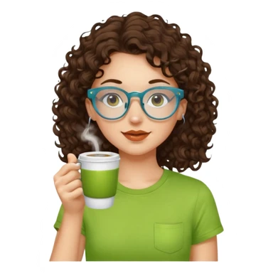 White girl with dark brown curly hair, brown eyes, sky blue glasses, nose ring, apple green t shirt, drinking coffee from a glass cup sticker