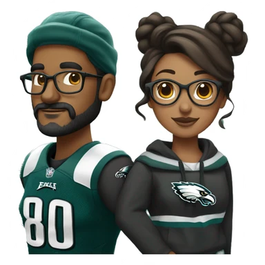 Brown skin couple in Philadelphia Eagles clothing guy has a beard and mustache girl has glasses and her hair in a bun sticker