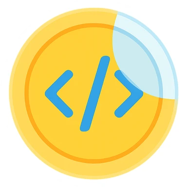 a vibrant colorful coin with coding symbols and a glass effect sticker