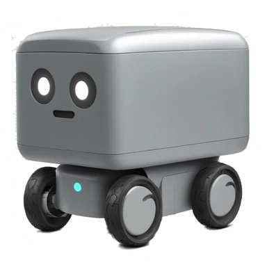 solid horizontal rectangle gray delivery robot with white circle white led eyes and opening lid on 4 wheels, minimalistic design sticker