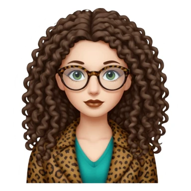 a blue green eyed woman with very very long brunette curly hair, full lips,and pale skin. She is wearing a leopard printed thin round-ish glasses . She is wearing brown clothes. sticker