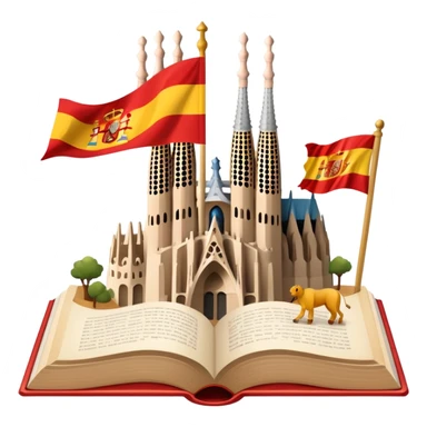 An icon featuring the Sagrada Familia and the flag of Spain, symbolizing the Spanish language. The design includes an open book with Spanish text and flamenco dancers, representing language learning and cultural heritage. Transparent background sticker