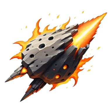 A massive, rocky meteor blazing through space with a fiery tail of orange and yellow flames. Its surface is rugged and cracked, glowing with intense heat. Embers and sparks trail behind as it hurtles forward. sticker
