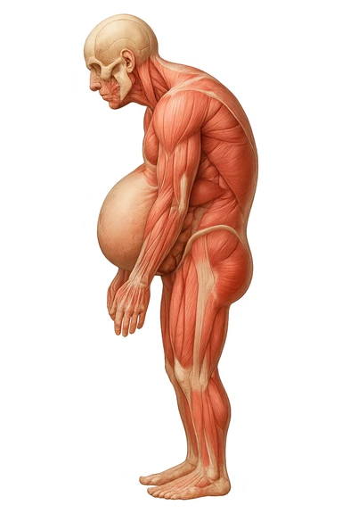 corpo umano anatomico realistico che si butta con la schiena e le spalle in avanti, pancia sporgente e postura delle spalle chiuse, isolato su sfondo bianco sticker