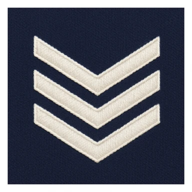Make this U.S. Navy Seaman (E-3) insignia look more realistic with an authentic navy blue uniform background. The insignia should have three white diagonal stripes, detailed and accurate, resembling the official U.S. Navy Seaman (E-3) rank insignia. Focus on realism and authenticity in the design and colors. sticker