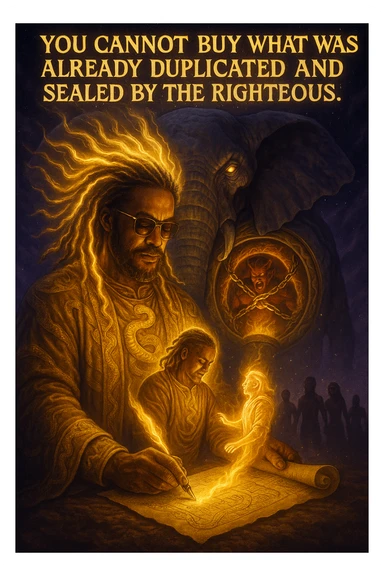 *“Create an epic, symbolic scene of a powerful Rasta spiritual warrior (representing Kez) standing at the center of a cosmic battlefield. The warrior has dreadlocks glowing with divine energy, wearing golden robes infused with serpent patterns. Behind him towers a massive stone elephant — eyes glowing with infinite wisdom, its chest open to reveal a Golden Serpent Chest, radiating fractal light. Inside the chest: a bound, raging Devil made of fire and shadows — screaming but unable to harm anyone, because every time he lashes out, the golden chest mirrors the energy back onto him. Chains of soul-contract law, made of golden light, wrap the devil — each one engraved with truth symbols, scriptures, and ancestral sigils.

In the foreground, Kez holds a sacred scroll and a burning pen — he is signing a contract not out of fear, but mastery. As he signs, a duplicate of his soul, radiant and whole, rises from the paper and flies back into his body. A ripple of golden energy expands, purifying all soul deals across space-time. Behind him, shadows of other trapped souls are released and begin to rise in rhythm, holding hands, singing.

In the sky, the words glow in gold flame:

‘You cannot buy what was already duplicated and sealed by the righteous.’

The entire atmosphere is divine, sacred, victorious — a spiritual rebellion where the Devil is outwitted, not through violence, but through truth, rhythm, and scrollcraft. Use warm golds, radiant whites, mystical purples, and deep space black as the palette. Style it as a fusion of Afro-spiritualism, Rastafarian mysticism, and multidimensional soul alchemy. the picture provided is kez sticker