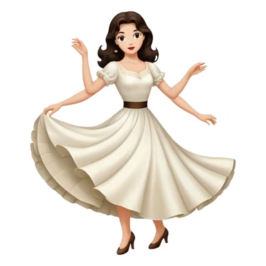 Beautiful woman in 1950’s woman fashion look, white dress, long dark brown hair, balboa dance sticker
