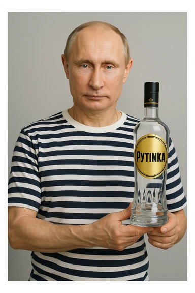 Сгенерируй мне как владимир путин в тельняжке держит эту водку, и на ней прям написанно только Путинка, другой текст убери. Путин полностью помещается в кадре, бутылка целиком и чётко видна в его руках, не обрезана краями изображения. На этикетке только слово «Путинка», без другого текста sticker