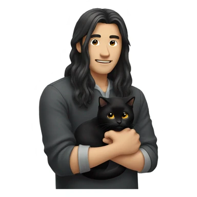 Long haired Asian man holding black cat sticker