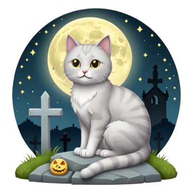 grau weiße Katze bei vollmond auf dem friedhof neben einem grabstein sticker