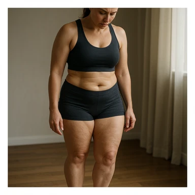 hyper realistic 4K image of a woman weighing herself on a scale, visibly fit but with stubborn fat on legs and thighs, detailed skin, atmosphere of self-analysis sticker