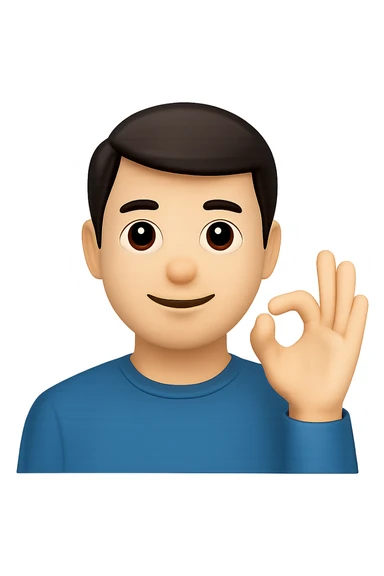 Edit the image to depict a man with a raised hand making the 'okey' sign in the style of apple emojis with normalized, natural-looking fingers. Preserve the apple emoji style but improve finger naturalness and normalization. sticker