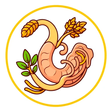 Cute simplified human digestive system diagram with stomach and intestines, surrounded by golden wheat stalks and green leaves. Bright healing particles moving through the digestive tract, showing food digestion and cleansing process sticker