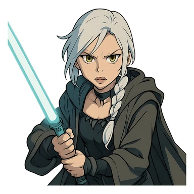  a closeup portrait of young woman with gold yellow eyes, white hair, long braid, black off-shoulder top, punk gothic style, futuristic cyberwave cyberpunk,  jedi attire and posture robes of a padawan, foreweilding a bright blue-green lightsaber, angry fierce face expression, power stance, wide angle shot sticker