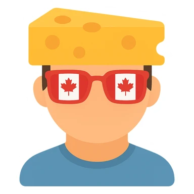 Add color to the icon: yellow cheese block, red and white Canada flag glasses, natural skin tone, simple colored shirt, keep background transparent. sticker