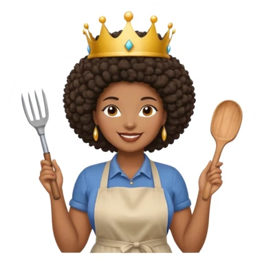 Mujer curvy afro, con vestimenta cómoda y delantal,con una corona sobre su cabeza y sonrisa contagiosa y herramientas  sticker