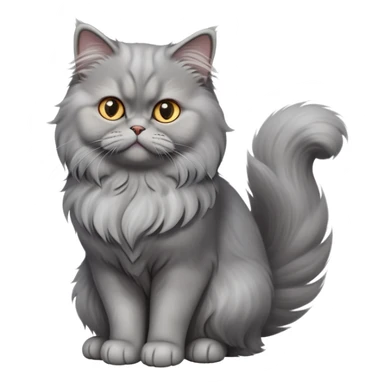 cinematic-[grey persian cat]-realistic-full-body-sitting-emoji,-tail-curled-playfully-around-its-paws,-head-tilted-dramatically,-fluffy-[grey]-fur,-simplified-yet-realistic-focused-features,-highly-detailed,-glowing-with-an-almost-sarcastic-glow sticker