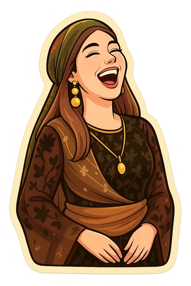 Kurdish cartoon sticker of the same woman in the new dress, laughing out loud, mouth wide open, head back, very happy, no text, transparent background sticker