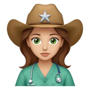 Woman with brown hair and green eyes wearing scrubsand a cow girl hat sticker