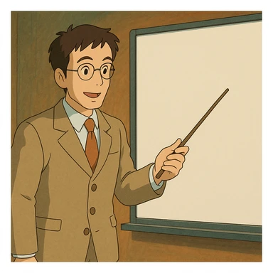 man pointing with a stick at the white board in ghibli style sticker