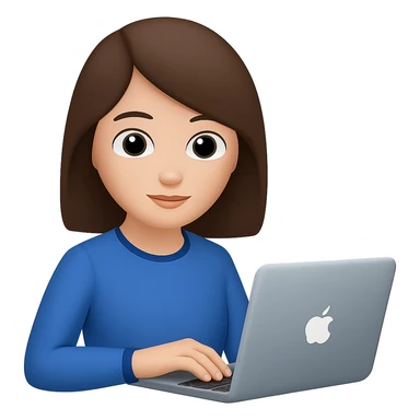 Change hair to brown, right hand forward to the front, keep blue clothes, hand on laptop. The style should resemble emoji style with no background. sticker