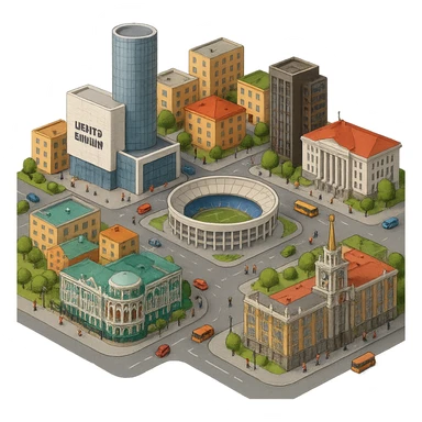 Изометричная миниатюрная фотореалистичная 3D модель Екатеринбурга - Дом Севастьянова, Ельцин-центр, Уральский федеральный университет, дома, Екатеринбург Арена, Штаб-квартира Русской медной компании, Здание Свердловского городского совета народных депутатов, четкие линии, яркие цвета, мультяшный реализм, люди, автотранспорт, компактная композиция, вид сверху в изометрии, прозрачный фон sticker