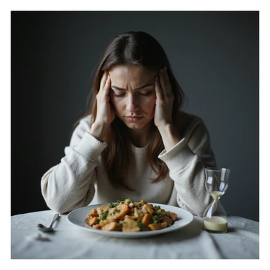 ultra realistic photo of an adult woman sitting at a table with a diet food plate, suffering expression, hands on temples, cold and sad atmosphere, natural light, kitchen background, hourglass symbol next to the plate, concept of diet as punishment sticker