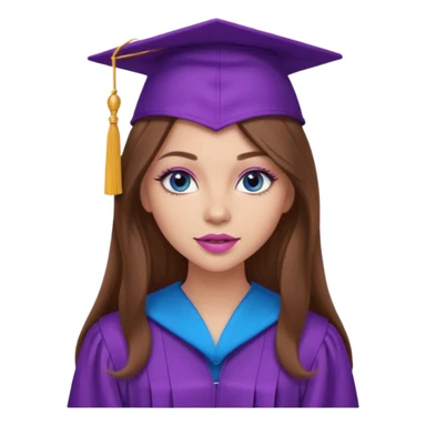 girl with gorgeous long brown hair, blue eyes, long lashes makeup, sexy pink lips, wearing a purple graduation cap and gown sticker
