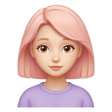 Create a cohesive set of 8 emoji-style icons that represent a kind-hearted, very lovable girl (head-and-shoulders). Requirements: soft, rounded shapes and friendly proportions; warm pastel color palette (peach skin undertone options, blush pink, warm lavender accents);  sticker
