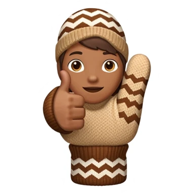 thumbs up fist, hand only, brown knit mitten with zig-zag beige pattern sticker