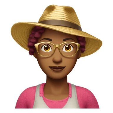 45-year-old Dutch woman with dark red colored short hair, pink sweater and gold glasses wearing beach hat sticker