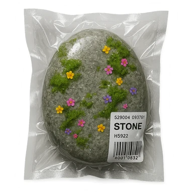 smooth light gray stone with patches of moss and scattered small colorful flowers, glossy sticker