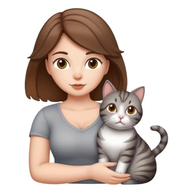 Hot curvy girl with super cute cat, she is white with brown hair, the cat is a grey tabby sticker
