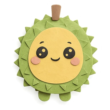 chibi style soft fluffy round durian character with green spiky shell and yellow flesh, blushing and shy with sparkly eyes, pastel tones, full-body sticker