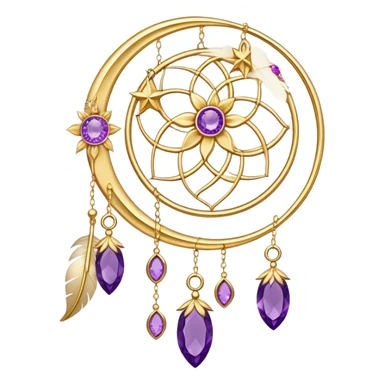 Epic beautiful gorgeous cute gold suncatcher, threads with shiny sparkly amethyst gemstones, flowers, crescents-moons, stars, gold Feathers  sticker