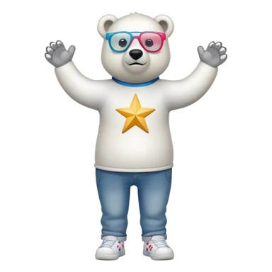 friendly anthropomorphised polar bear standing upright, looking chilled and unbothered, wearing a shirt, jeans, trainers, oversized colorful star glasses sticker