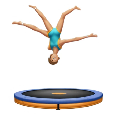 An athletic person soaring high above a trampoline, executing an acrobatic flip with perfect form. The scene captures motion and energy, with a dynamic pose, stretched limbs, and a focused expression. The background suggests a professional trampoline arena with safety padding. sticker