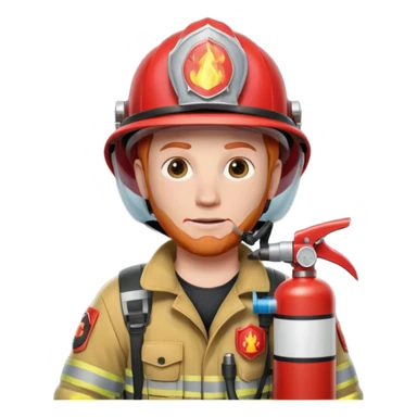 red haired Firefighter with respiratory protection with fire extinguisher sticker