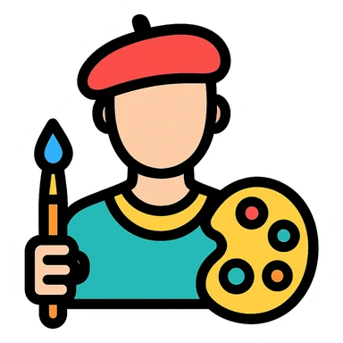 artist icon with beret paintbrush and palette, clean and modern style sticker