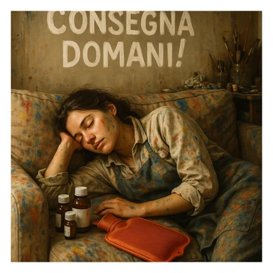 Young artist sleeping deeply on a paint-stained sofa, above her head the Italian text 'Consegna domani!', medicine bottles and hot water bottle next to her as supplies, chaotic and creative atmosphere, hyperrealistic 4K details, Italian text. sticker