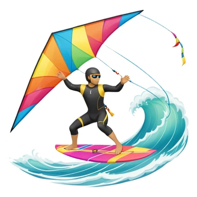 the sun shining and the ocean's waves splashing around. A kite surfer gliding across the ocean, with a colorful kite soaring high in the sky and the surfer carving through the waves. The scene captures the energy and freedom of the sport sticker