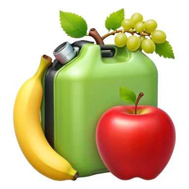 gas can surrounded by an apple, banana, and grape sticker